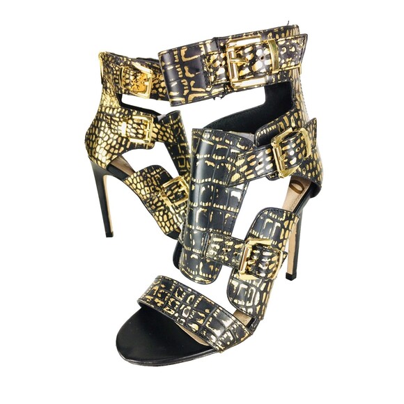 Sam Edelman Black & Gold Animal Print Strappy Caged Stiletto Heels Size 6M - Picture 5 of 12